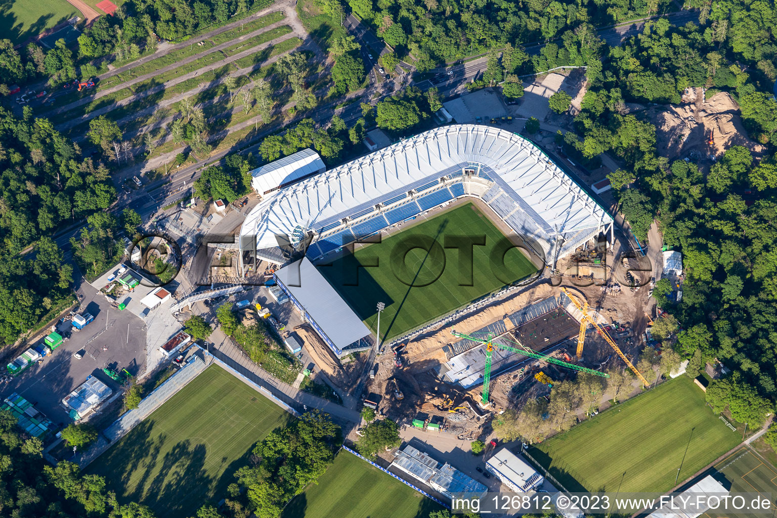 Extension and conversion site on the sports ground of the stadium " Wildparkstadion " in Karlsruhe in the state Baden-Wurttemberg, Germany from the drone perspective