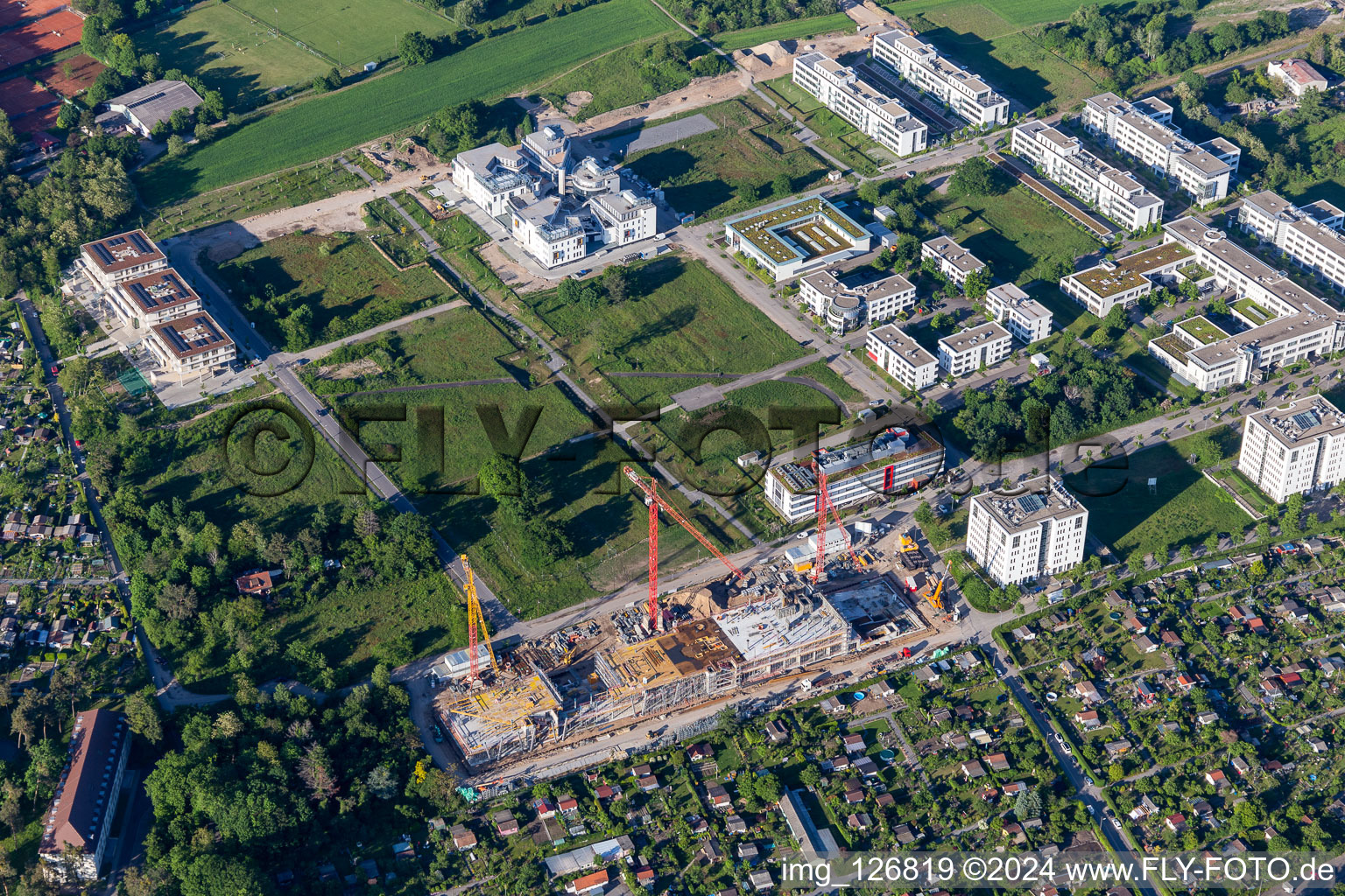 Aerial view of Technology Park, construction site on Emmy-Noether-Straße in the district Rintheim in Karlsruhe in the state Baden-Wuerttemberg, Germany