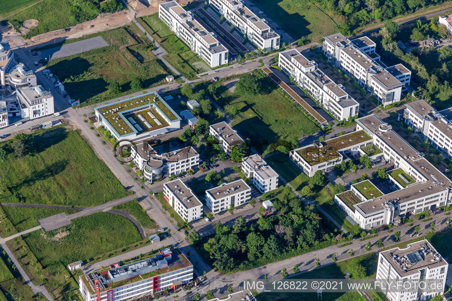 Technology Park in the district Rintheim in Karlsruhe in the state Baden-Wuerttemberg, Germany seen from a drone