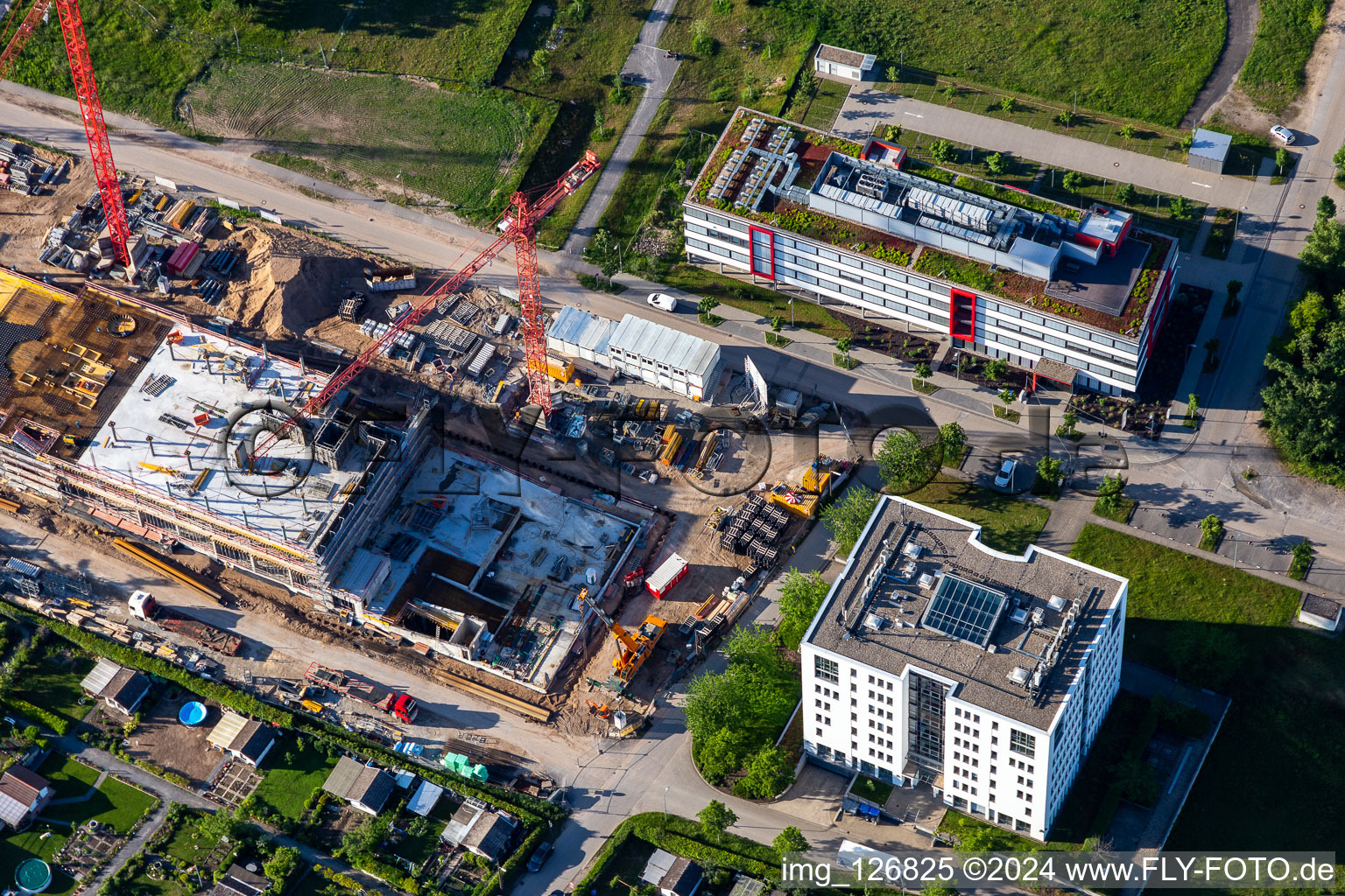 Aerial photograpy of Technology Park, construction site on Emmy-Noether-Straße in the district Rintheim in Karlsruhe in the state Baden-Wuerttemberg, Germany