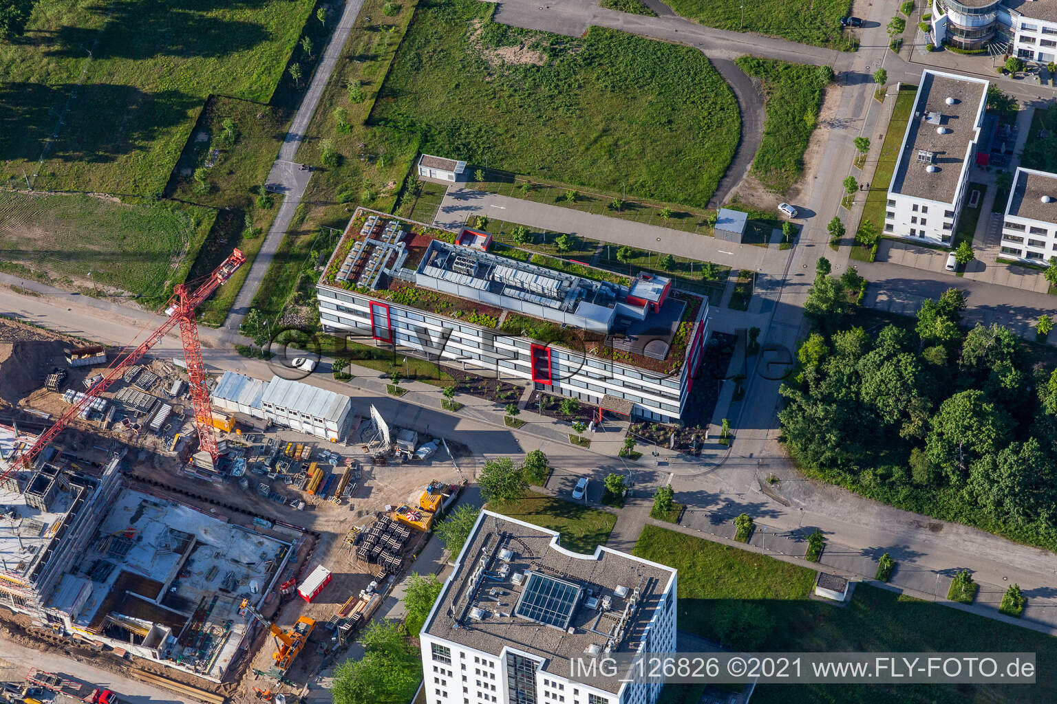 Aerial view of Technology Park in the district Rintheim in Karlsruhe in the state Baden-Wuerttemberg, Germany
