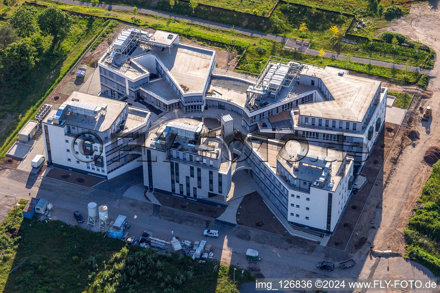 Aerial view of Construction site for the new building of a research building and office complex on street Wilhelm-Schickard-Strasse in the technology-park Karlsruhe in Karlsruhe in the state Baden-Wuerttemberg, Germany