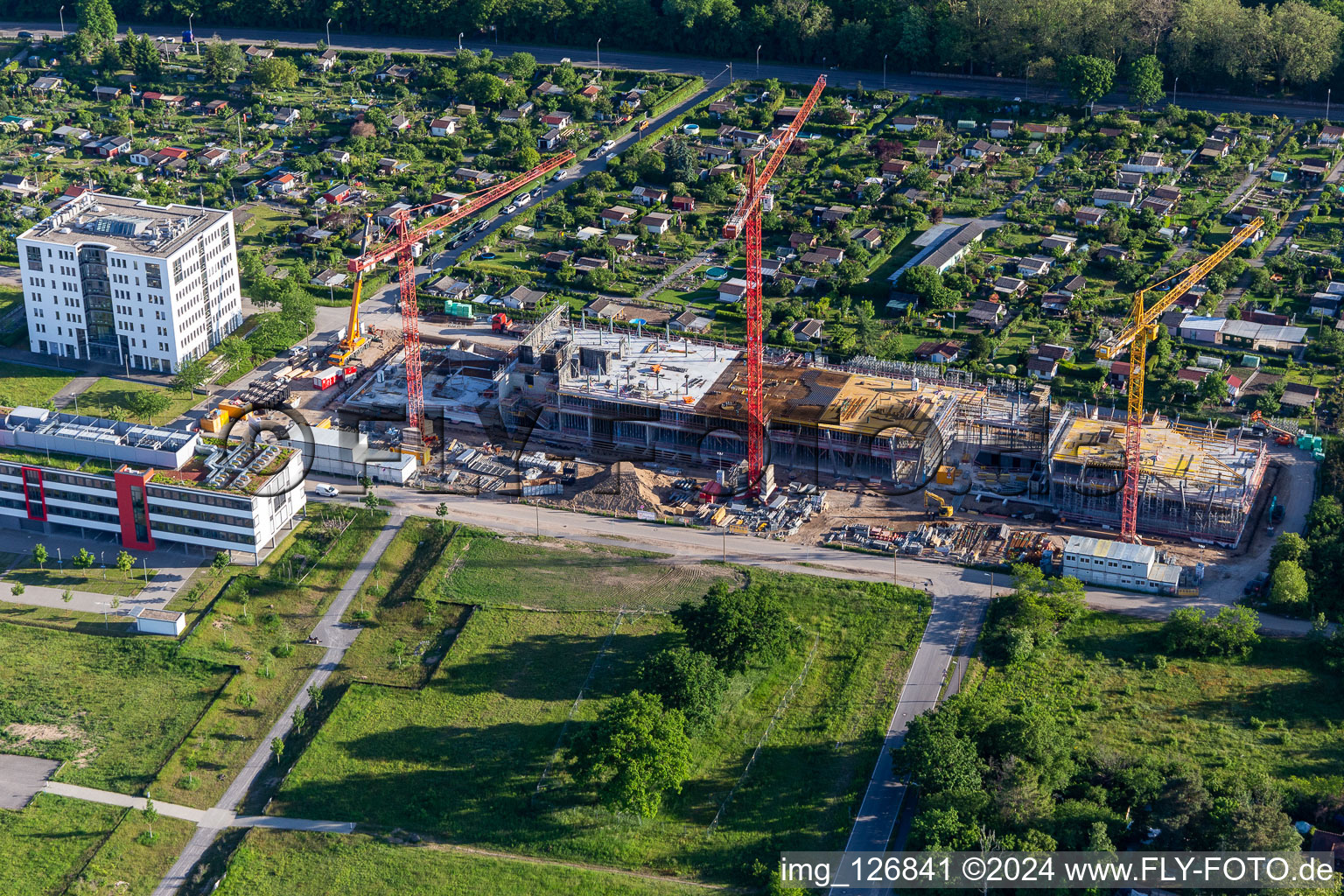 Aerial view of Construction site for the new building of a research building of Vector Informatik GmbH in the Emmy-Noether-Street in the technology-park Karlsruhe