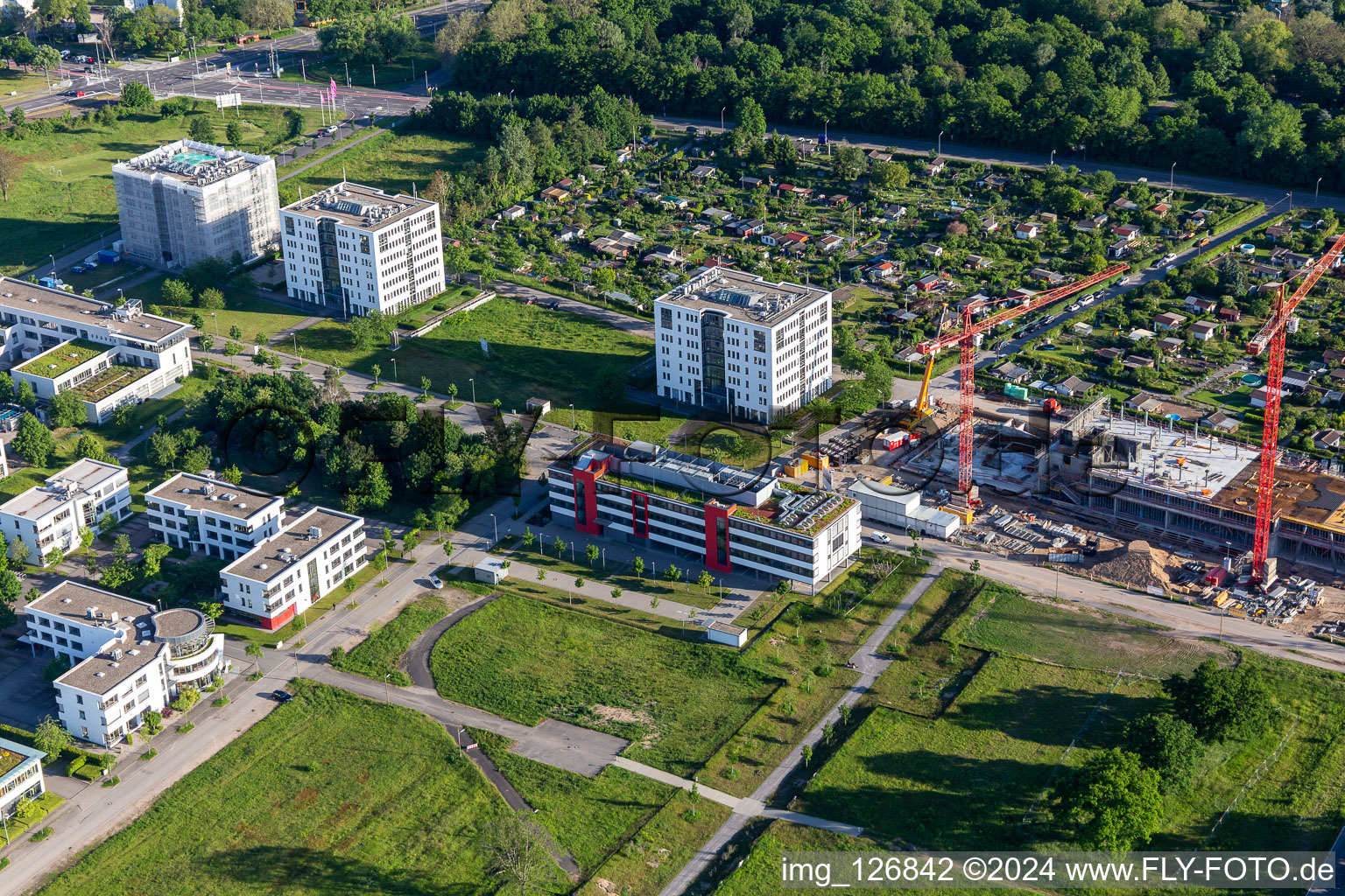 Oblique view of Technology Park, construction site on Emmy-Noether-Straße in the district Rintheim in Karlsruhe in the state Baden-Wuerttemberg, Germany