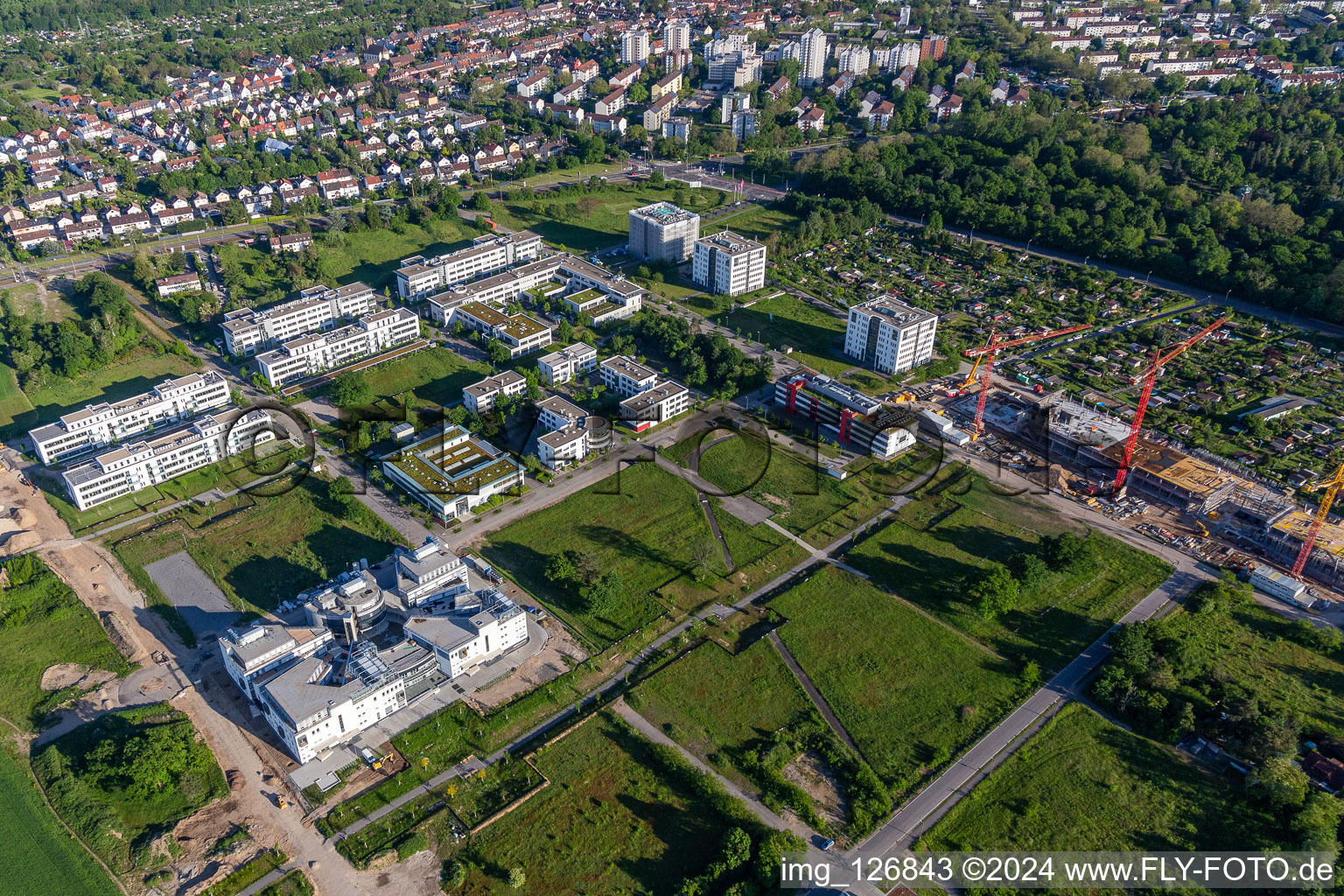 Oblique view of Technology Park in the district Rintheim in Karlsruhe in the state Baden-Wuerttemberg, Germany