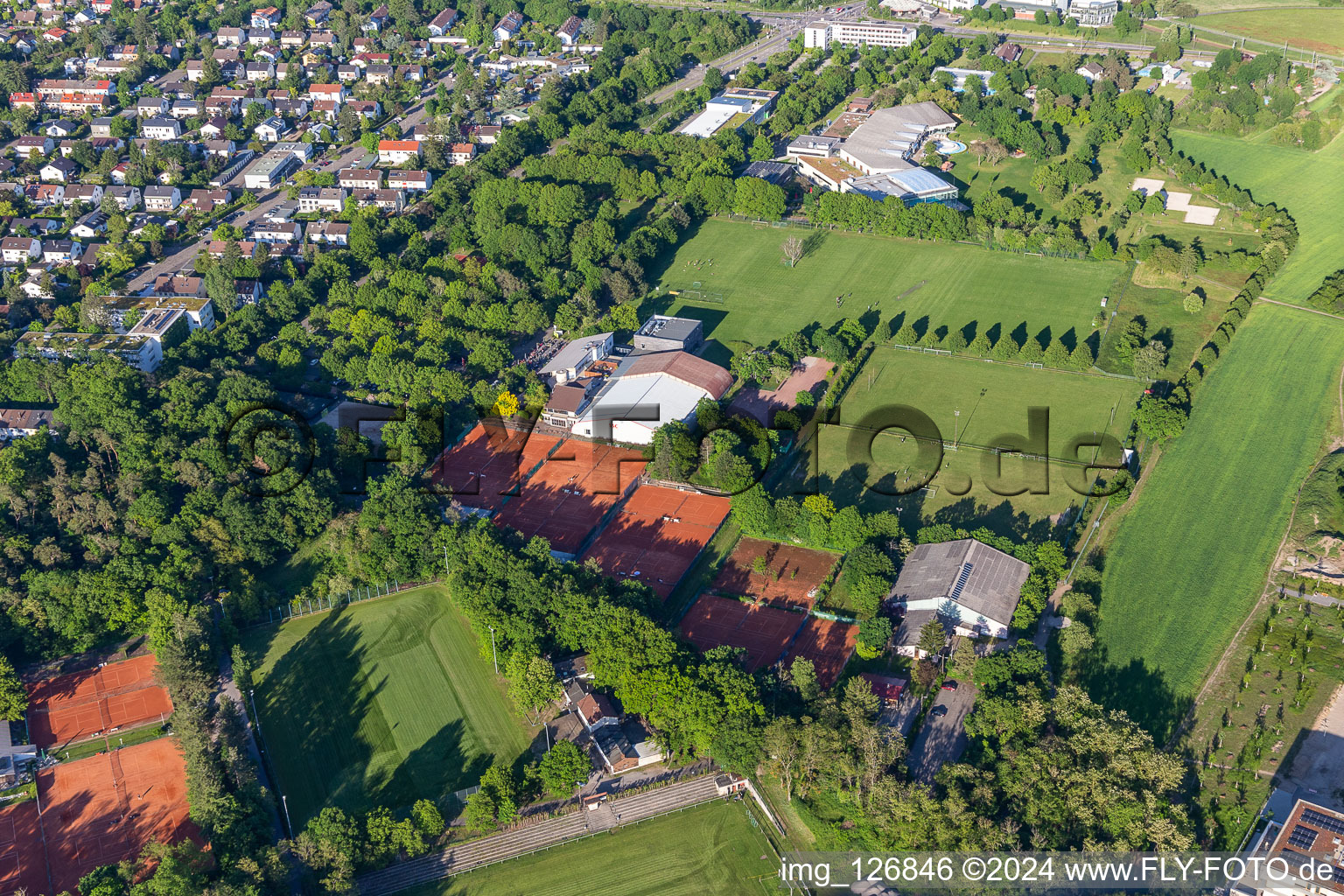 Aerial view of Ski Club SSC KSV Clubhouse in the district Hagsfeld in Karlsruhe in the state Baden-Wuerttemberg, Germany