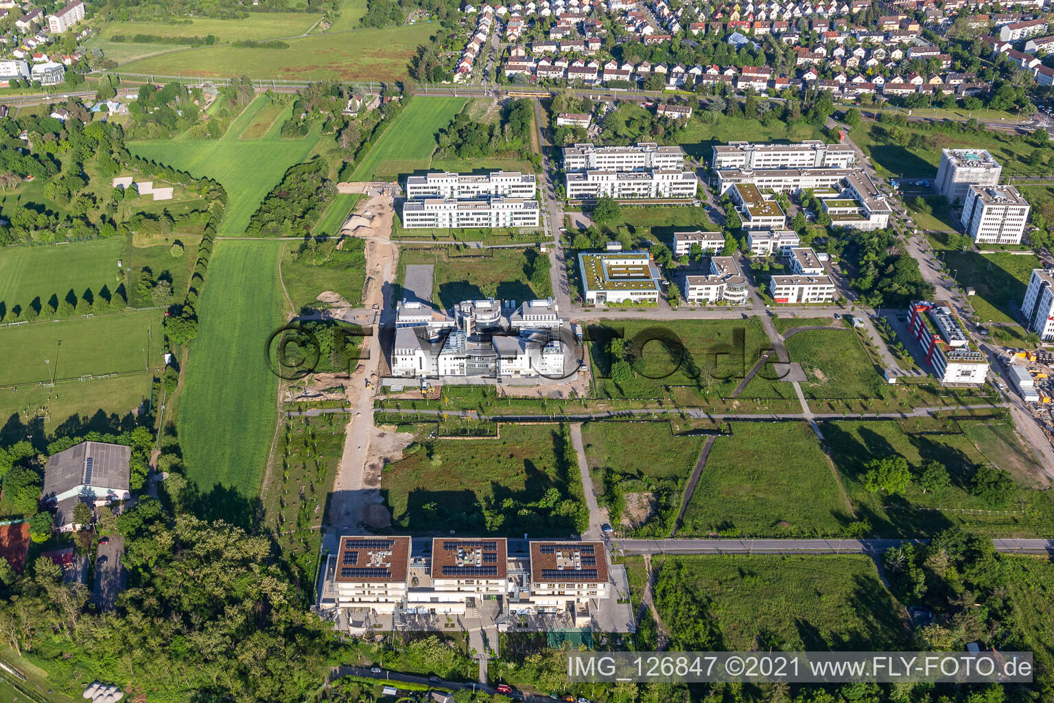 Technology Park in the district Rintheim in Karlsruhe in the state Baden-Wuerttemberg, Germany from above