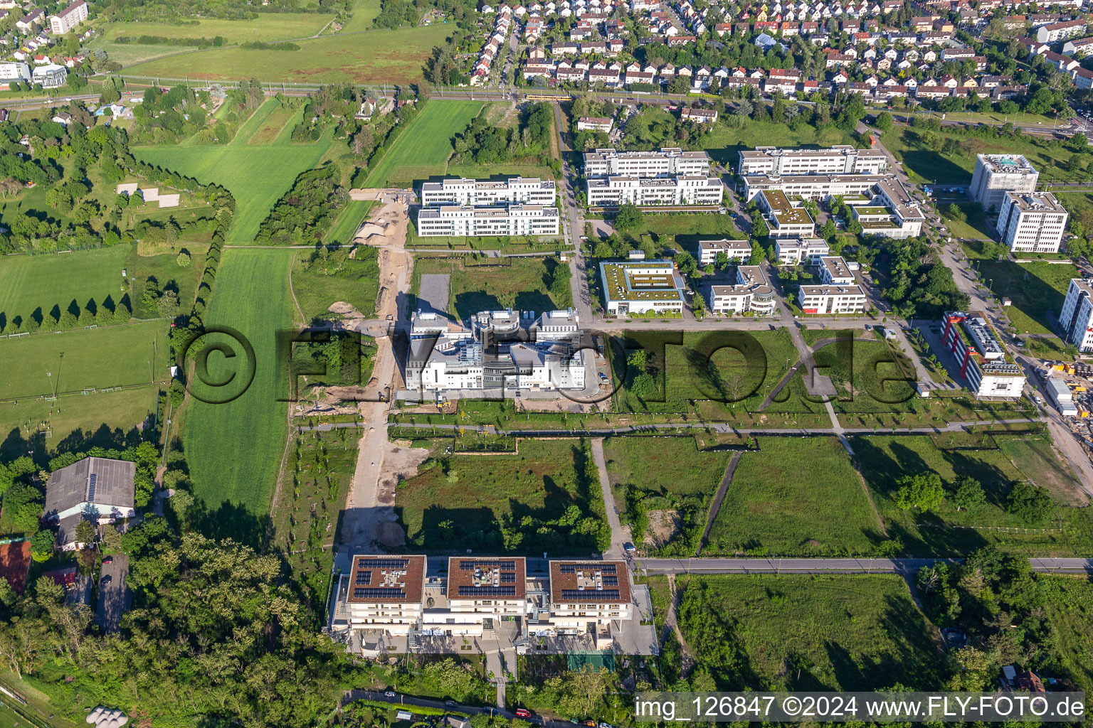 Technology Park in the district Rintheim in Karlsruhe in the state Baden-Wuerttemberg, Germany from above