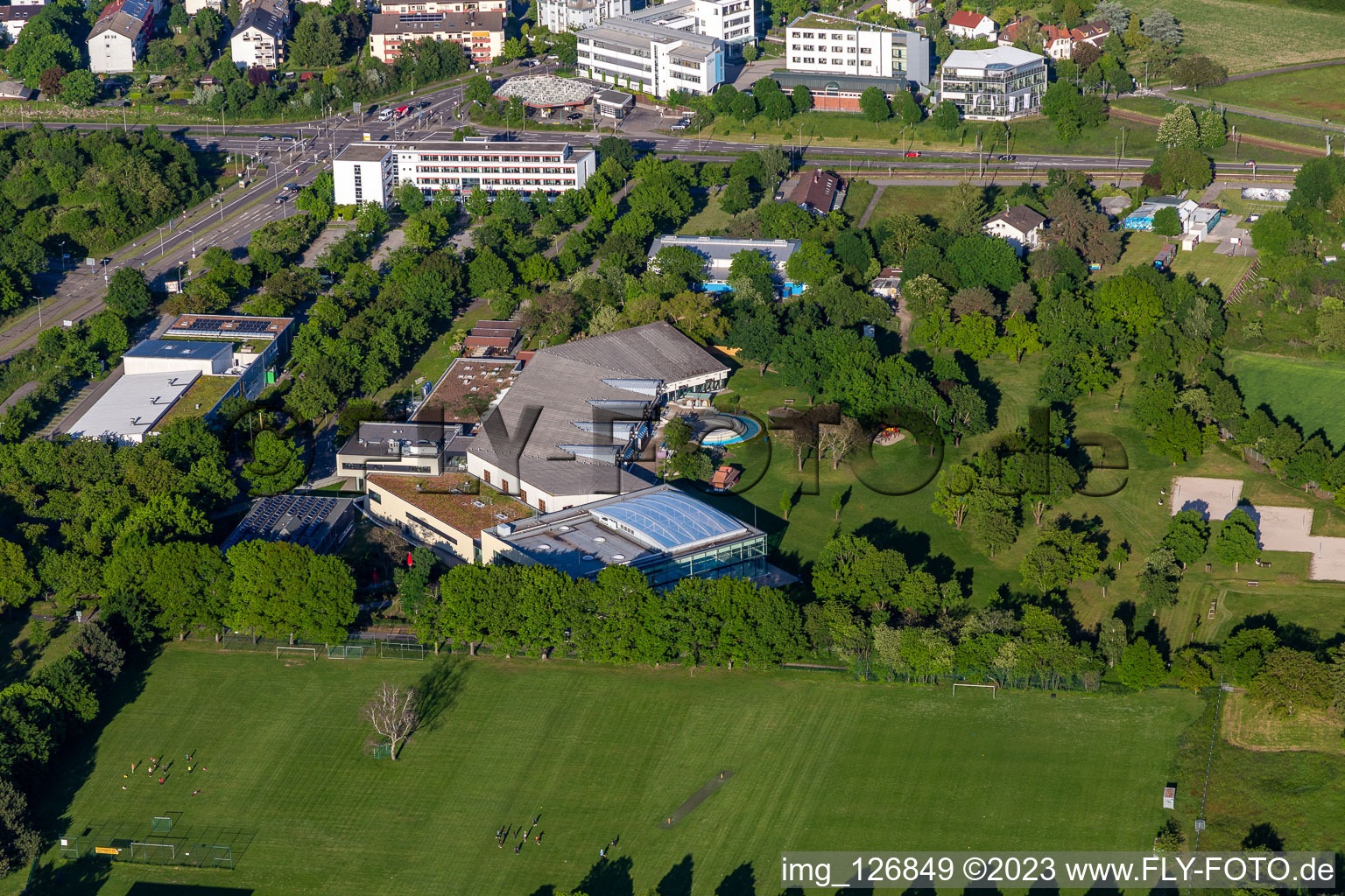 Aerial view of Karlsuhe fan pool in the district Hagsfeld in Karlsruhe in the state Baden-Wuerttemberg, Germany
