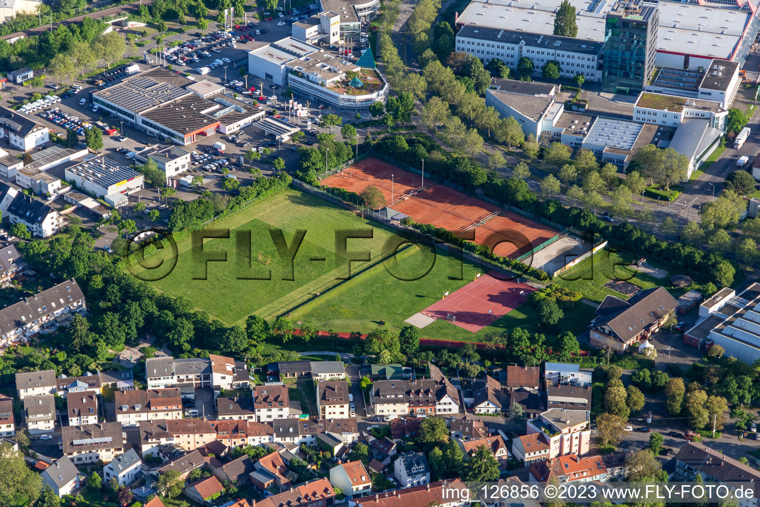 Aerial view of TuS Rintheim in the district Rintheim in Karlsruhe in the state Baden-Wuerttemberg, Germany