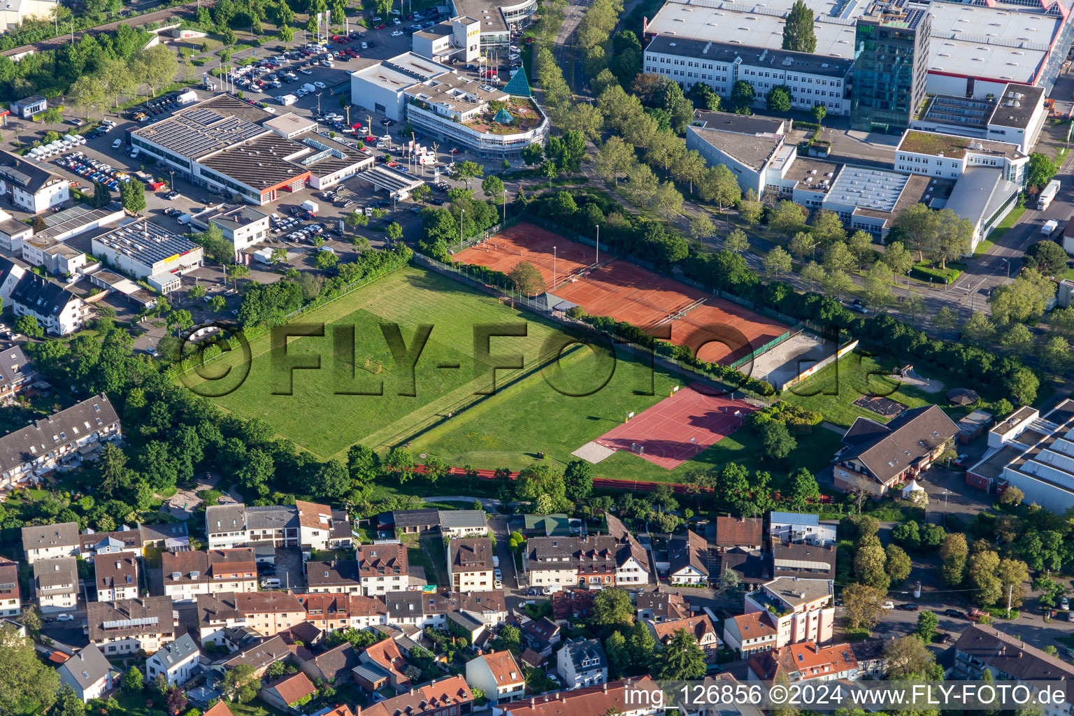 Aerial view of TUS Rintheim in the district Rintheim in Karlsruhe in the state Baden-Wuerttemberg, Germany