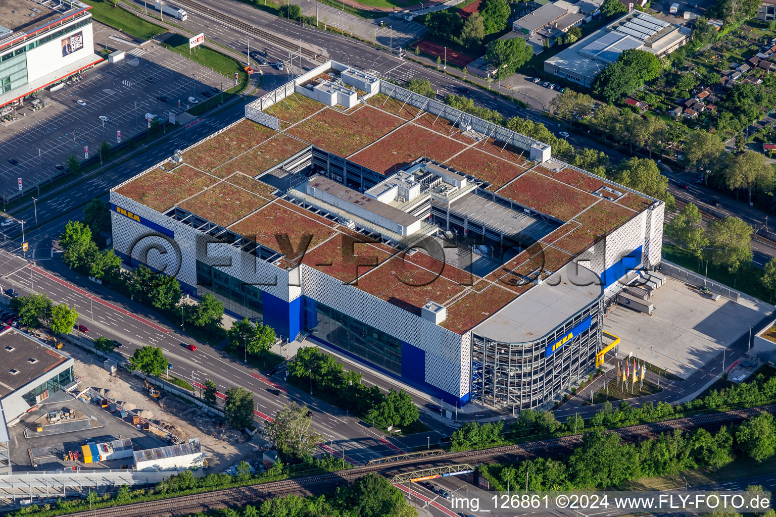 Oblique view of Building store - furniture market of " IKEA Deutschland GmbH & Co. KG " on Gerwigstrasse - Weinweg - Durlacher Allee in Karlsruhe in the state Baden-Wurttemberg, Germany