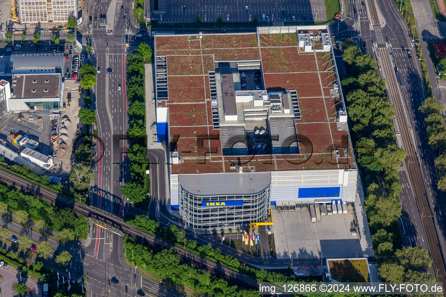 Building store - furniture market of " IKEA Deutschland GmbH & Co. KG " on Gerwigstrasse - Weinweg - Durlacher Allee in Karlsruhe in the state Baden-Wurttemberg, Germany from above