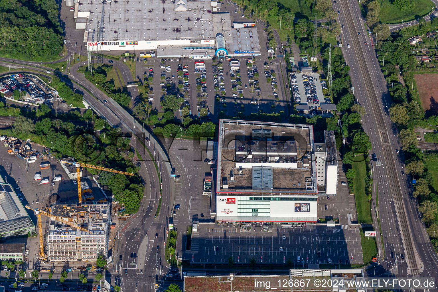 Aerial view of XXXLutz Mann Furniture Karlsruhe in the district Rintheim in Karlsruhe in the state Baden-Wuerttemberg, Germany