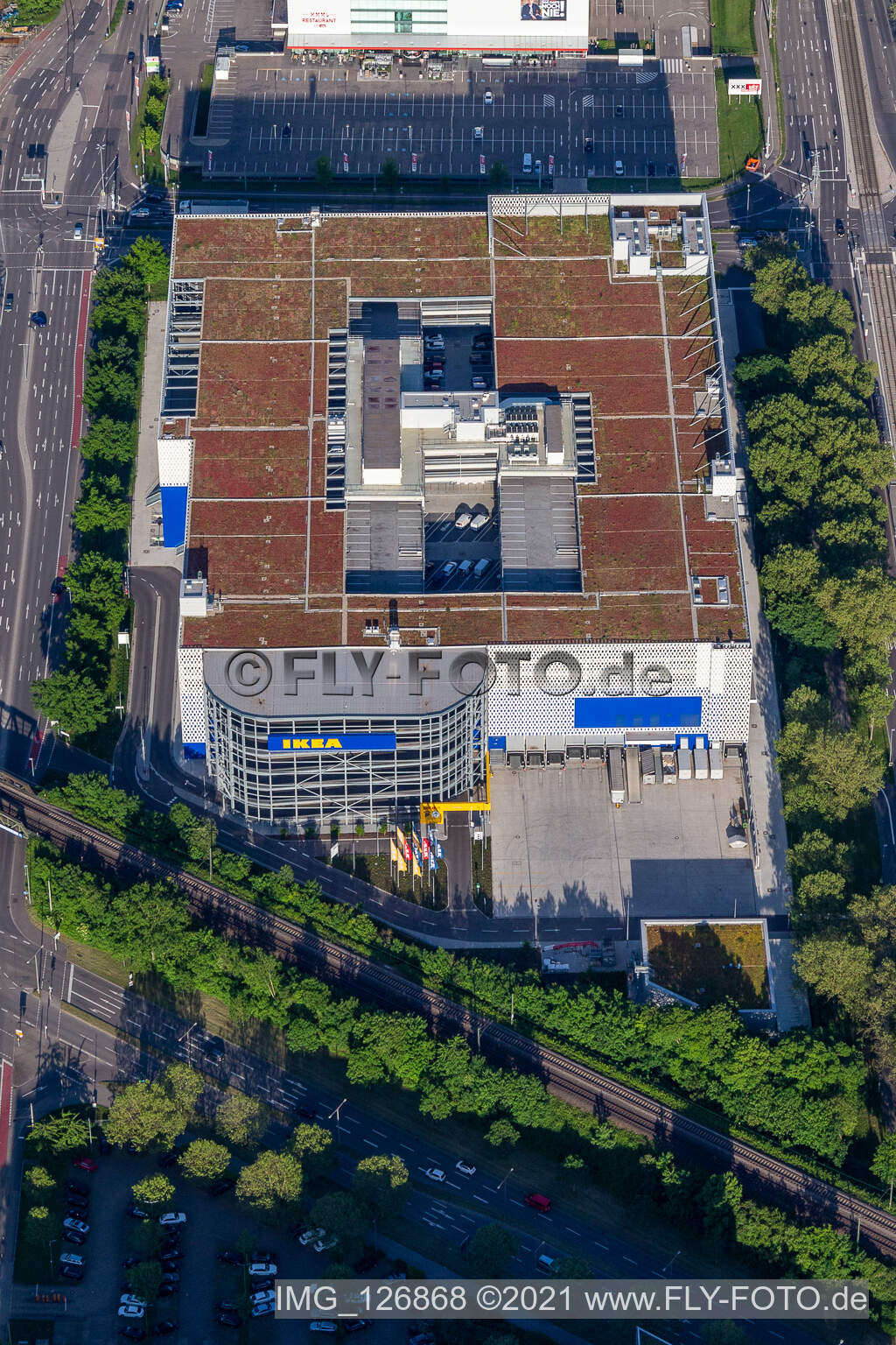 Building store - furniture market of " IKEA Deutschland GmbH & Co. KG " on Gerwigstrasse - Weinweg - Durlacher Allee in Karlsruhe in the state Baden-Wurttemberg, Germany out of the air
