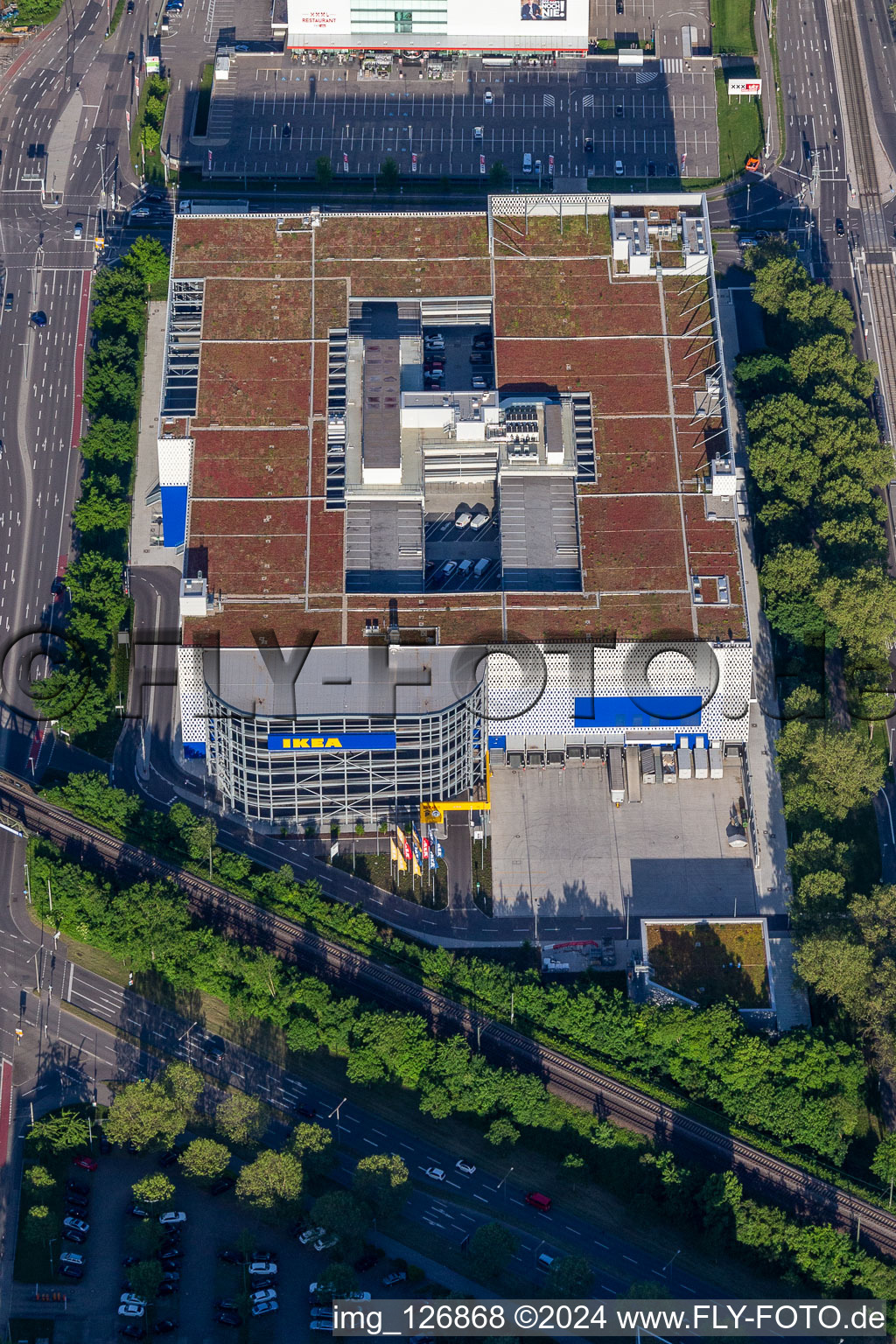 Building store - furniture market of " IKEA Deutschland GmbH & Co. KG " on Gerwigstrasse - Weinweg - Durlacher Allee in Karlsruhe in the state Baden-Wurttemberg, Germany out of the air