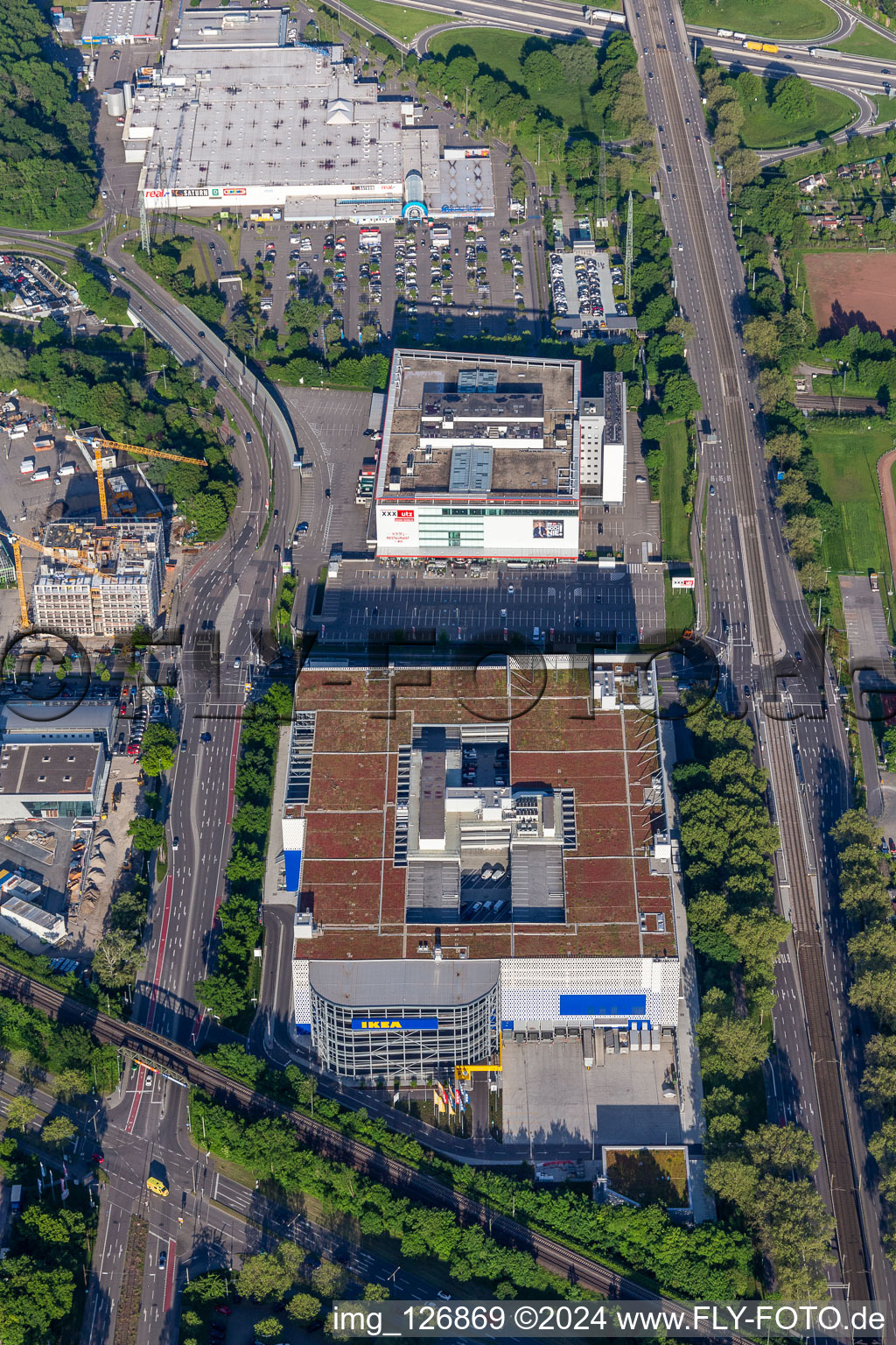 Building store - furniture market of " IKEA Deutschland GmbH & Co. KG " on Gerwigstrasse - Weinweg - Durlacher Allee in Karlsruhe in the state Baden-Wurttemberg, Germany seen from above