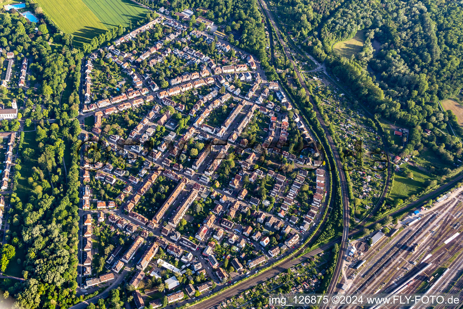 Aerial view of Pond field in the district Weiherfeld-Dammerstock in Karlsruhe in the state Baden-Wuerttemberg, Germany