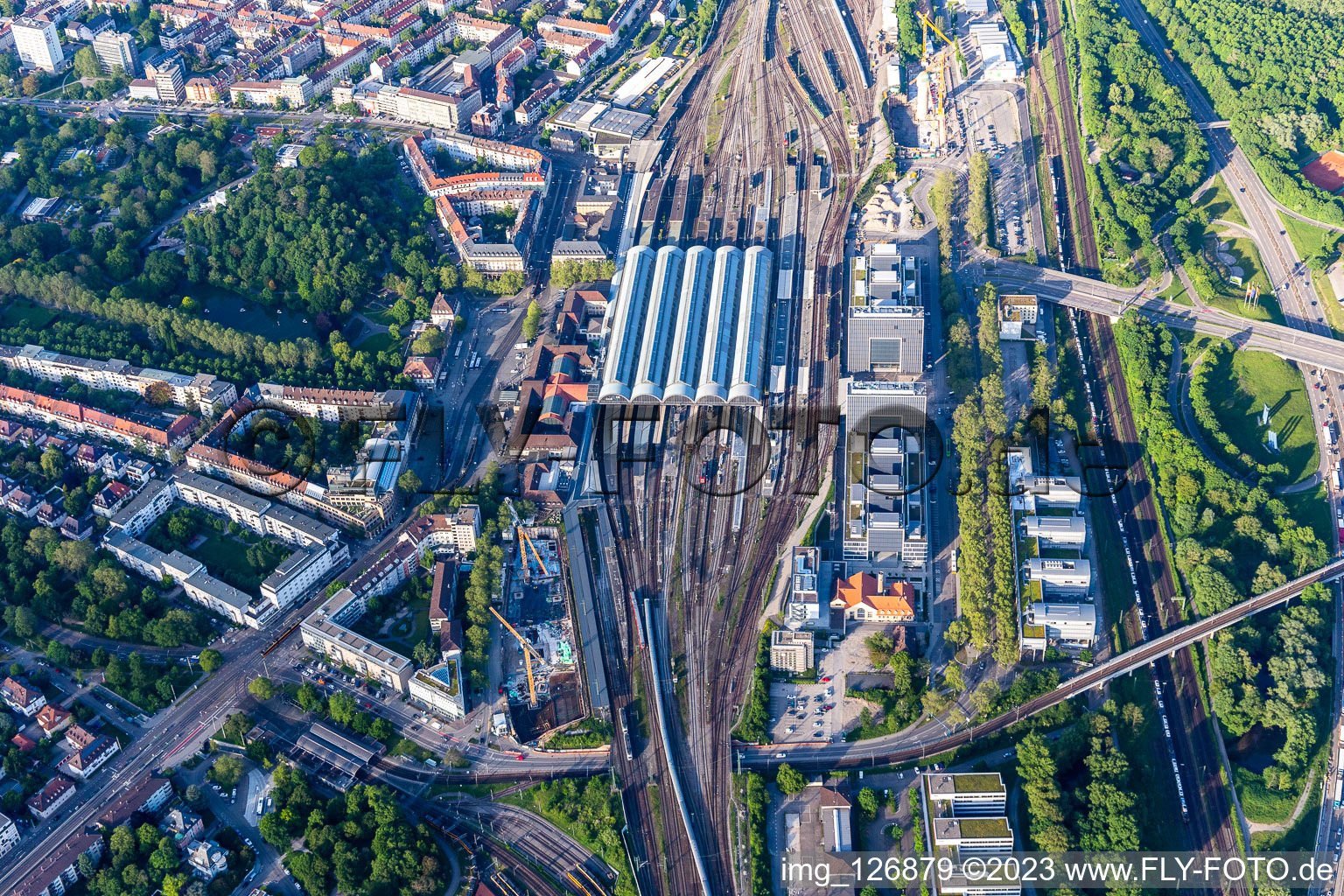 Aerial view of Track progress and building of the main station of the railway in the district Suedweststadt in Karlsruhe in the state Baden-Wurttemberg, Germany