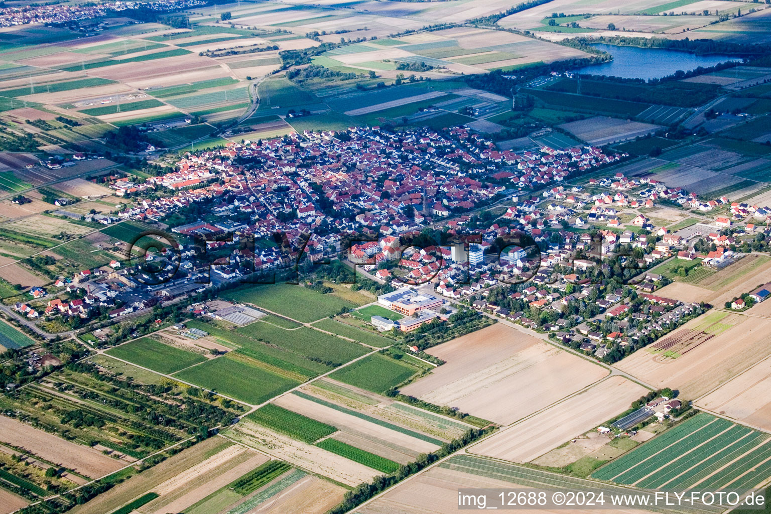 Aerial photograpy of Town View of the streets and houses of the residential areas in Lambsheim in the state Rhineland-Palatinate