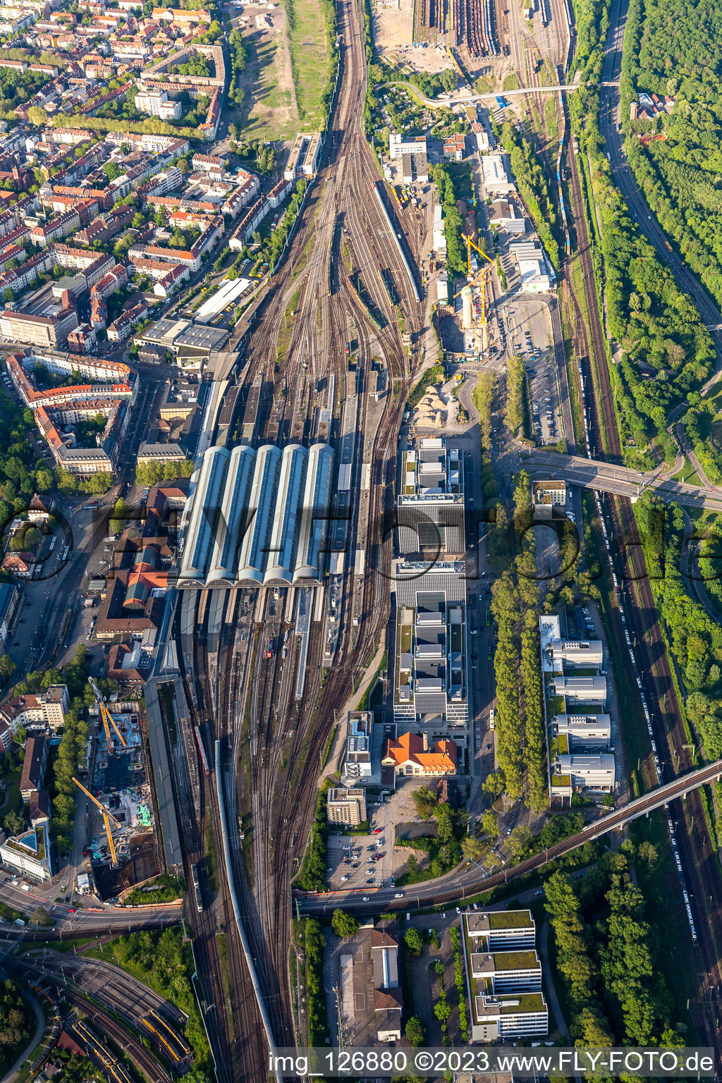 Aerial photograpy of Track progress and building of the main station of the railway in the district Suedweststadt in Karlsruhe in the state Baden-Wurttemberg, Germany