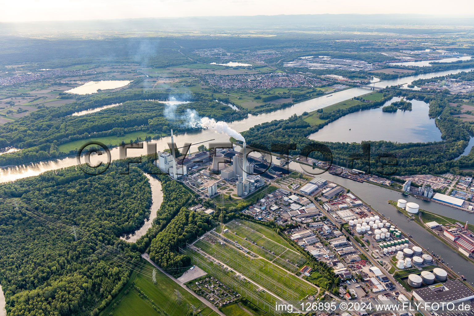 Aerial view of EnBW hard coal power plant on the Rhine in the district Daxlanden in Karlsruhe in the state Baden-Wuerttemberg, Germany