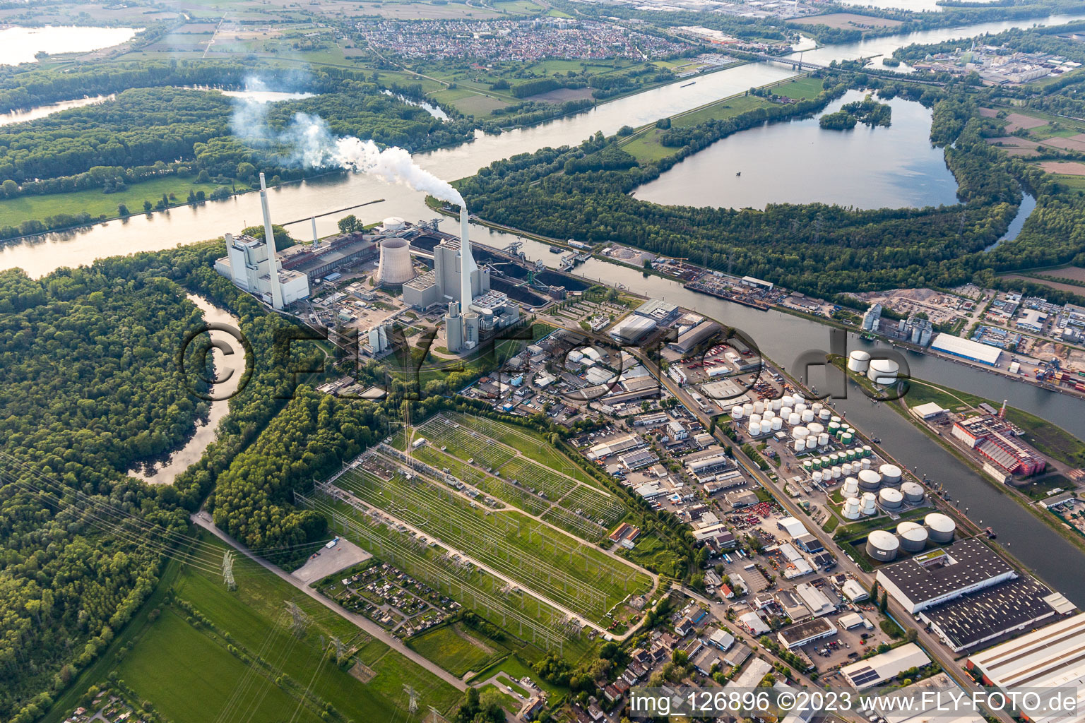 Aerial photograpy of EnBW hard coal power plant on the Rhine in the district Daxlanden in Karlsruhe in the state Baden-Wuerttemberg, Germany