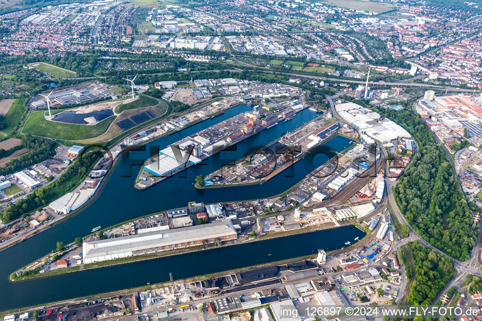 District Rheinhafen in Karlsruhe in the state Baden-Wuerttemberg, Germany from the plane