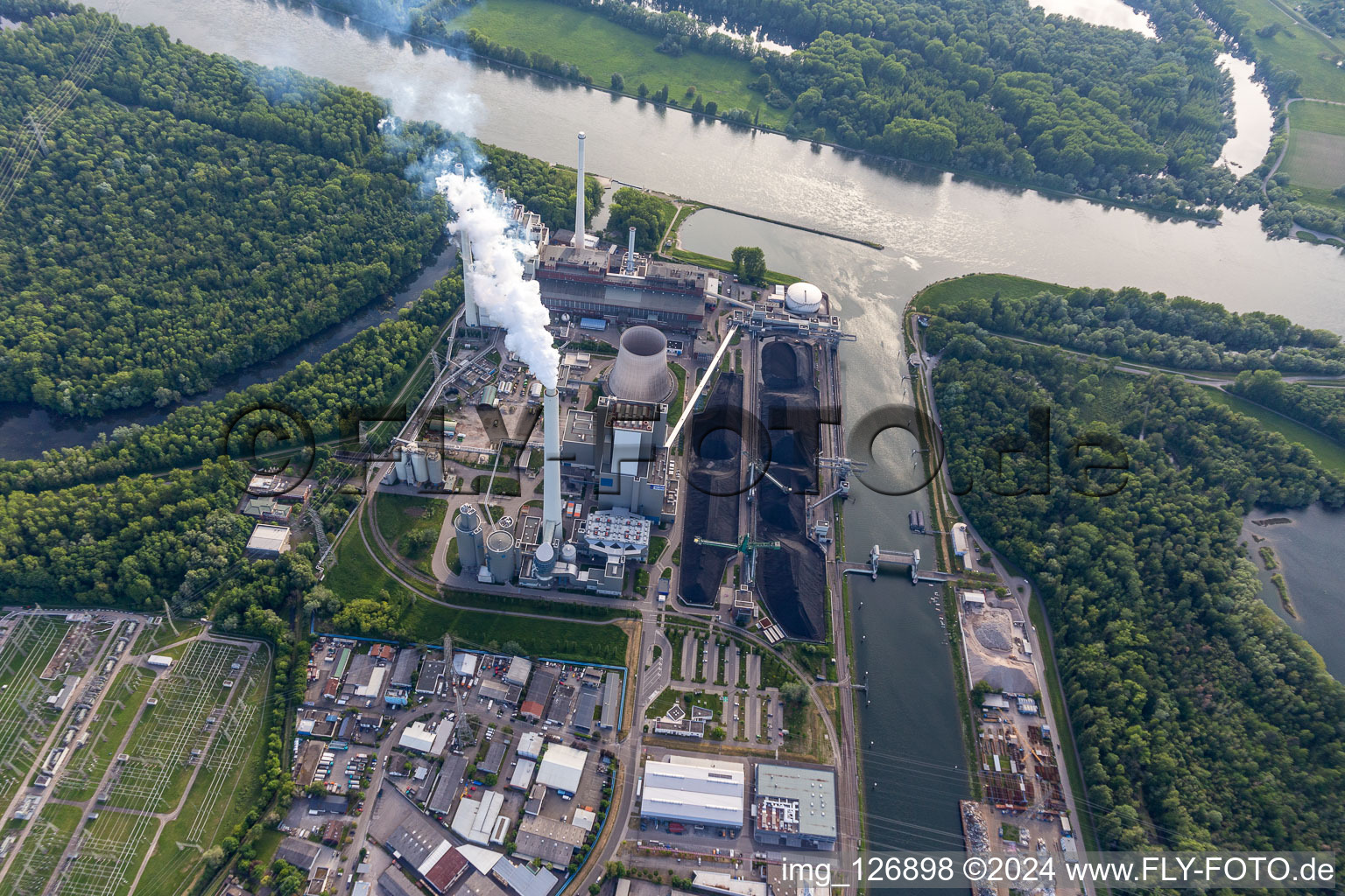 Oblique view of EnBW hard coal power plant on the Rhine in the district Daxlanden in Karlsruhe in the state Baden-Wuerttemberg, Germany