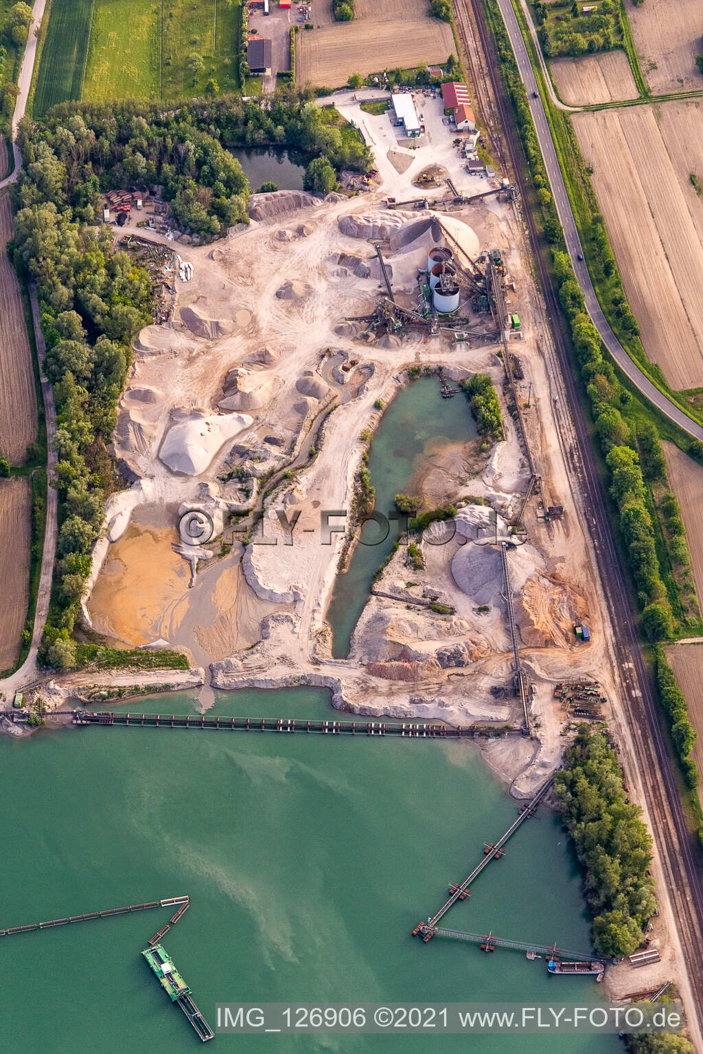 Aerial photograpy of HBM Hagenbacher Bau minerals quarry lake in Hagenbach in the state Rhineland-Palatinate, Germany