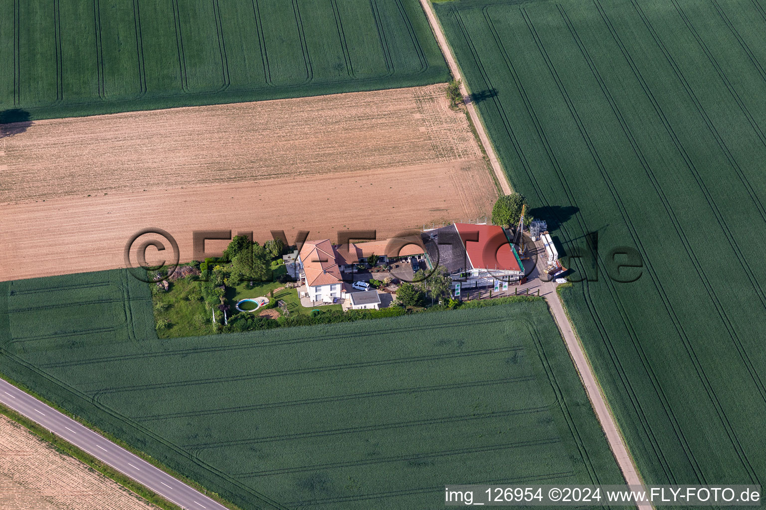 Aerial view of Bioland Winery Neuspergerhof in Rohrbach in the state Rhineland-Palatinate, Germany