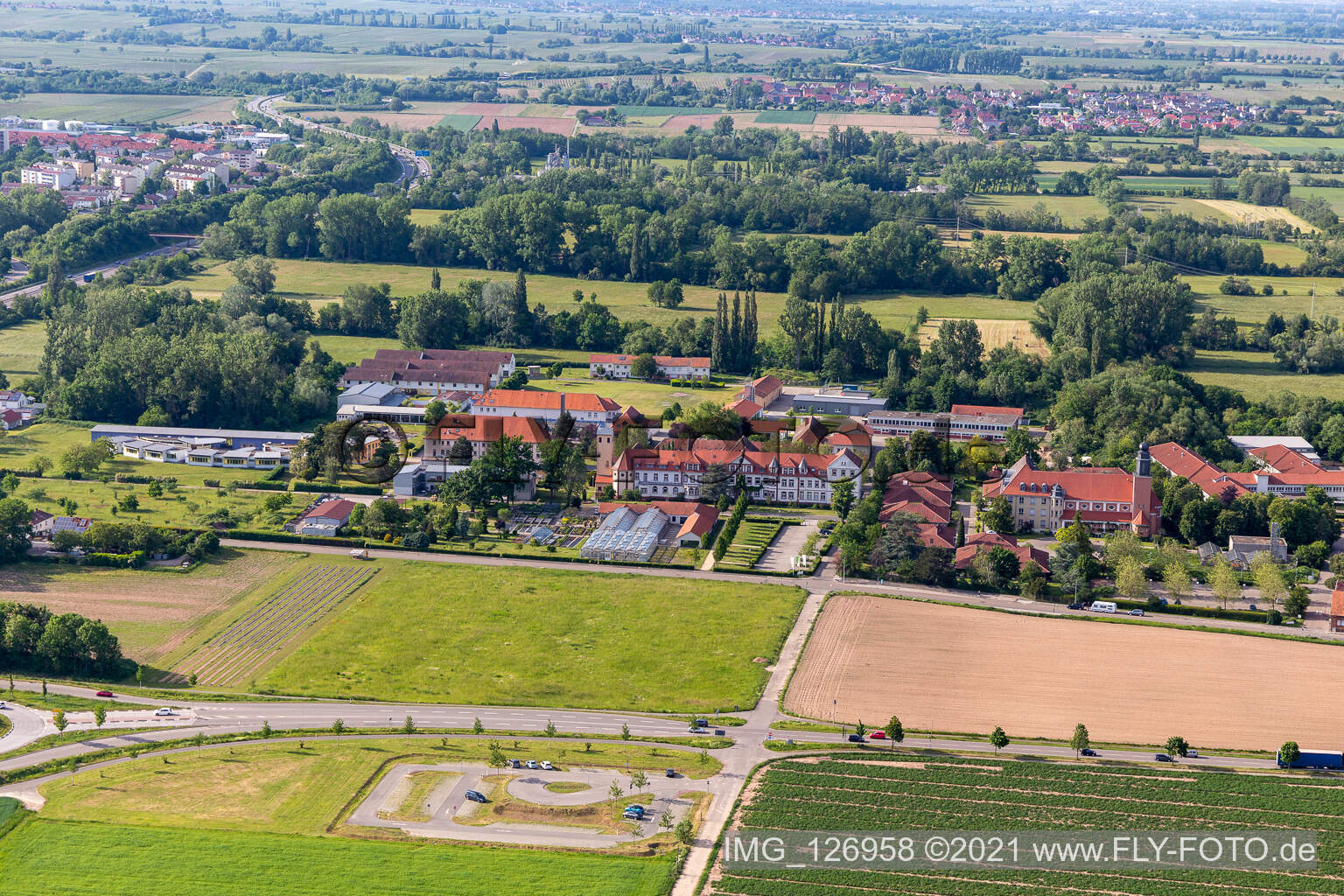 Aerial view of Caritas St. Laurentius and Paul Support Center, St. Josef Youth Office in Landau in der Pfalz in the state Rhineland-Palatinate, Germany