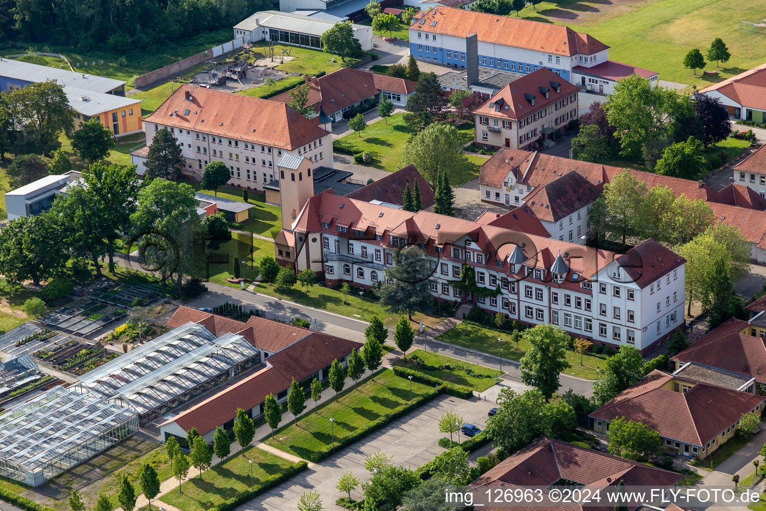 Building of the retirement home Caritas Foerderzentrum St. Laurentius and Paulus and of the Jugendwerk St. Josef in the district Queichheim in Landau in der Pfalz in the state Rhineland-Palatinate, Germany