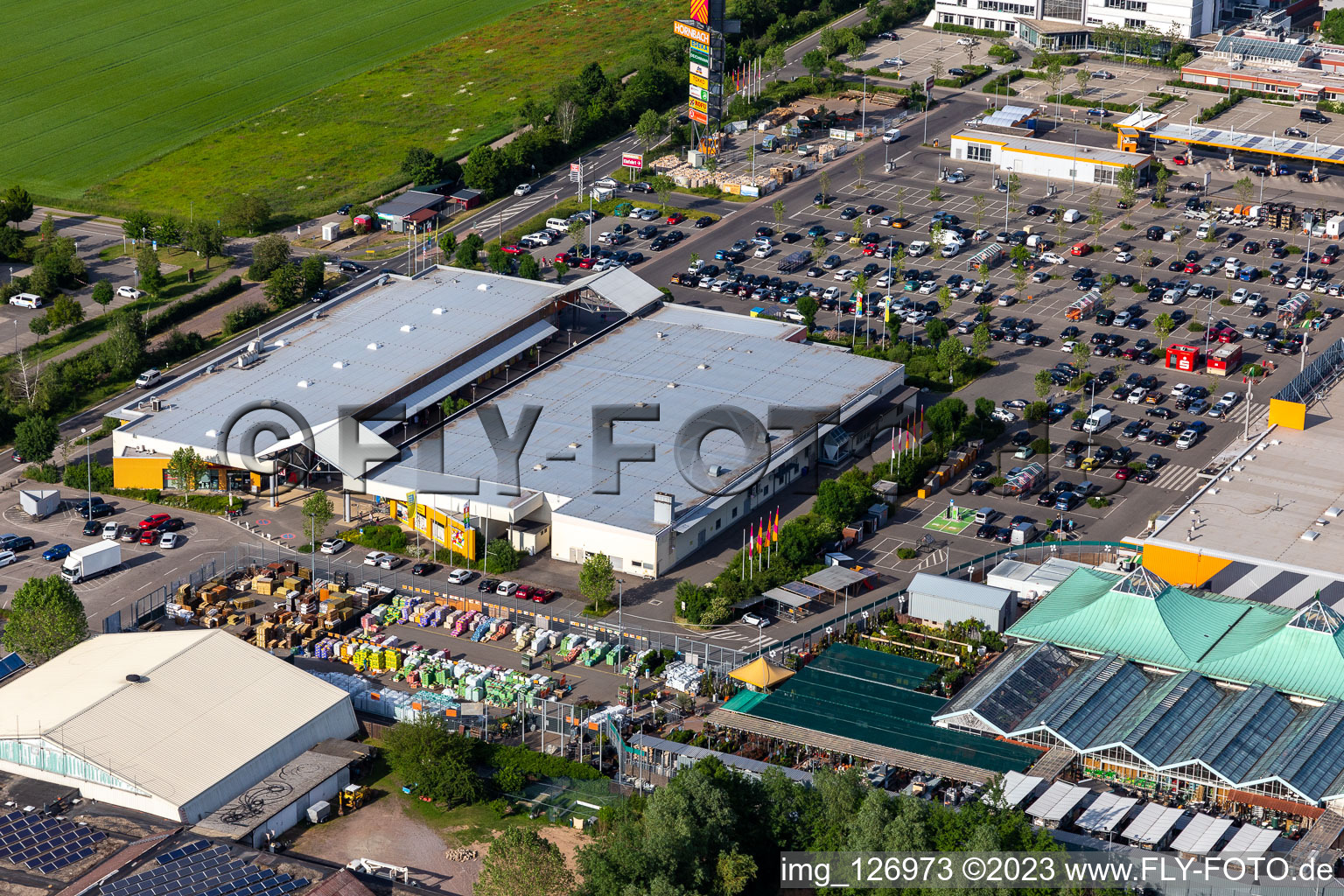 Aerial view of Hornbach hardware and garden store in Bornheim in the state Rhineland-Palatinate, Germany