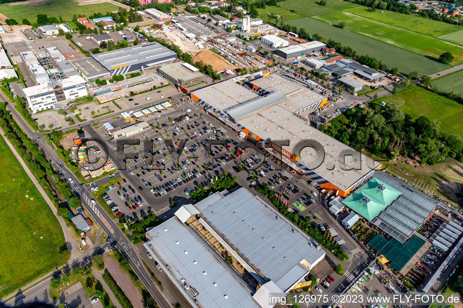 Aerial view of Hornbach DIY and Garden Center in the district Dreihof in Bornheim in the state Rhineland-Palatinate, Germany