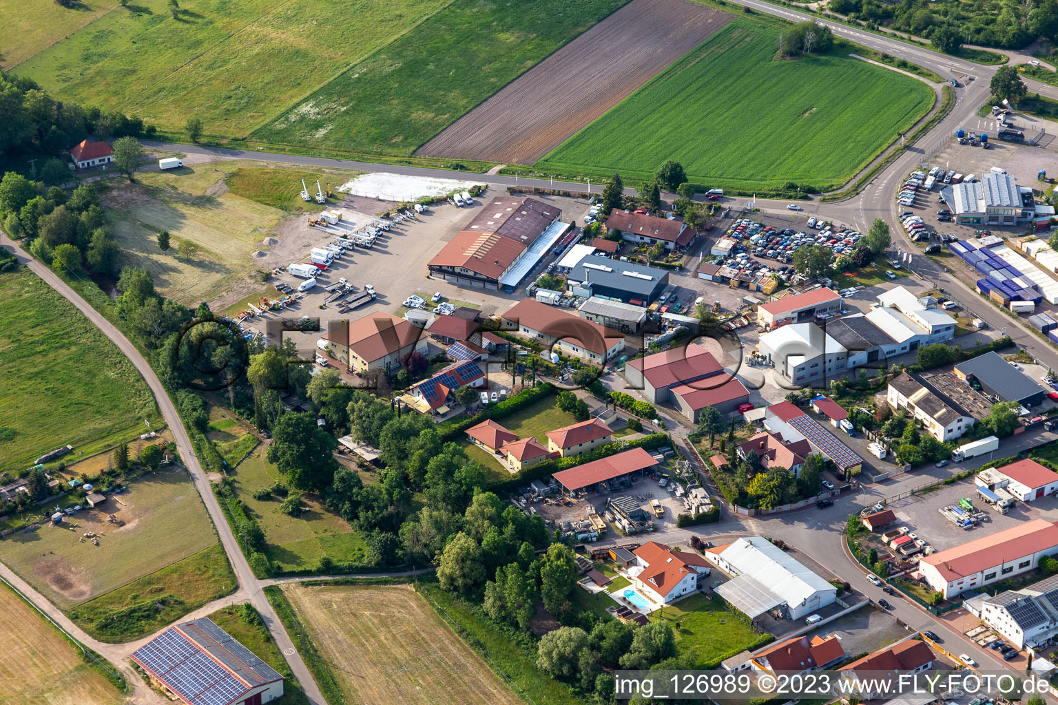 Industrial area Im Altenschemel on the Speyerbach in the district Speyerdorf in Neustadt an der Weinstraße in the state Rhineland-Palatinate, Germany