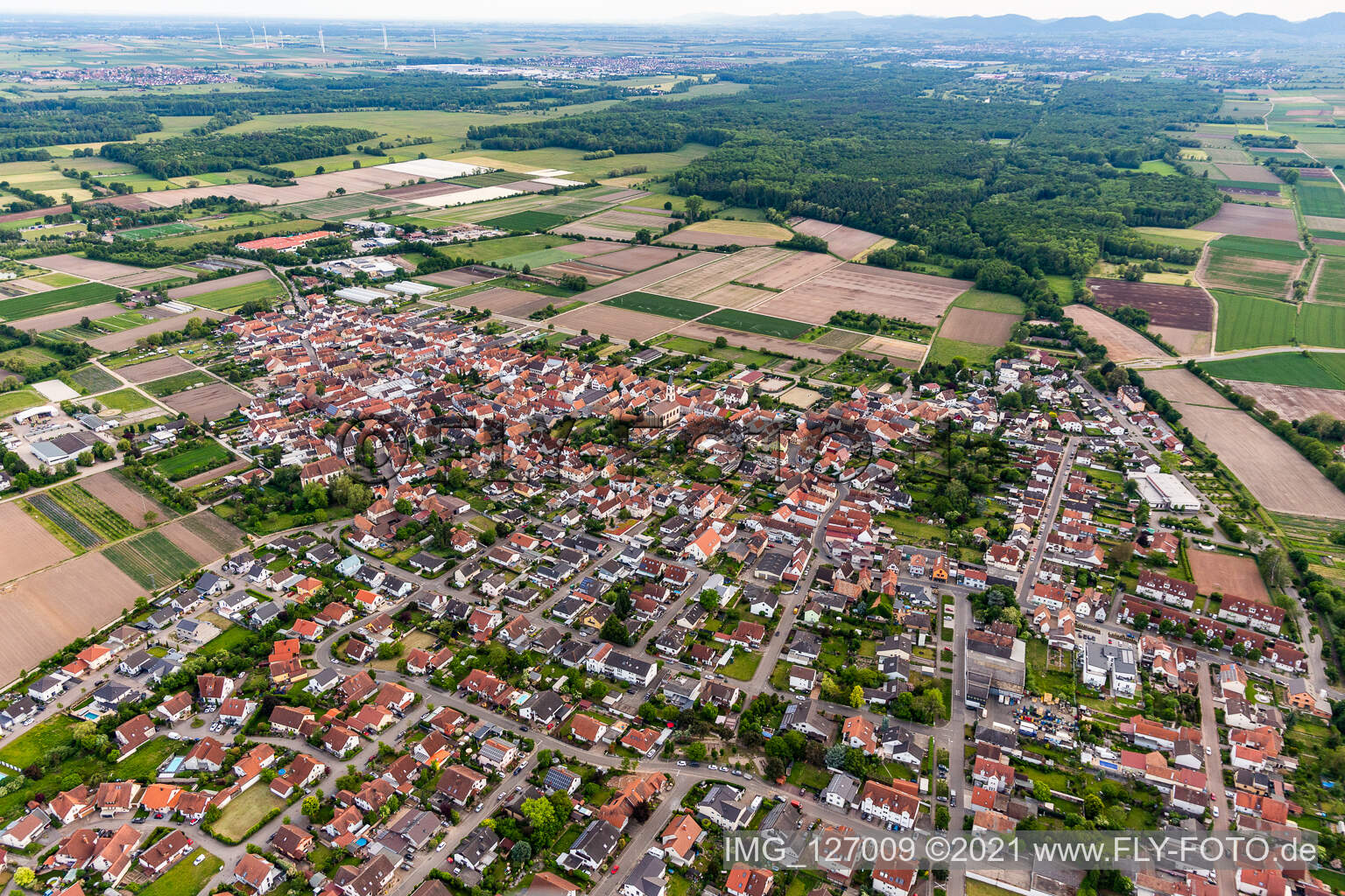 Zeiskam in the state Rhineland-Palatinate, Germany viewn from the air