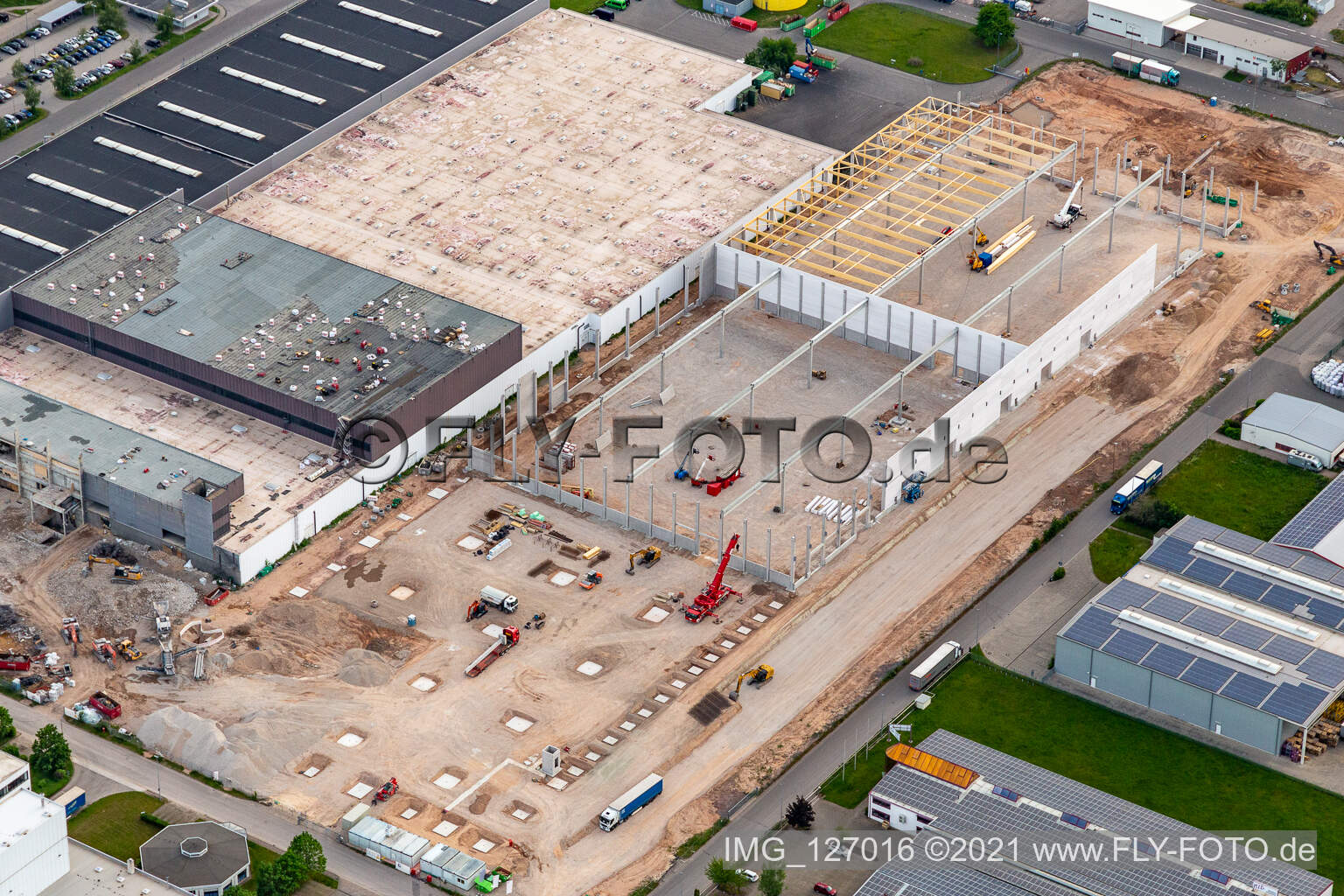 Aerial view of Construction site for a warehouse and forwarding building of Progroup Board GmbH im Interpark in Offenbach an der Queich in the state Rhineland-Palatinate, Germany