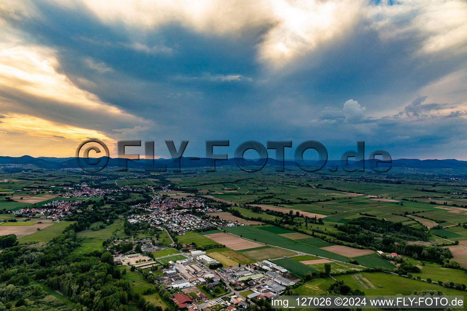 Aerial photograpy of Town View of the streets and houses of the residential areas in Billigheim-Ingenheim in the state Rhineland-Palatinate