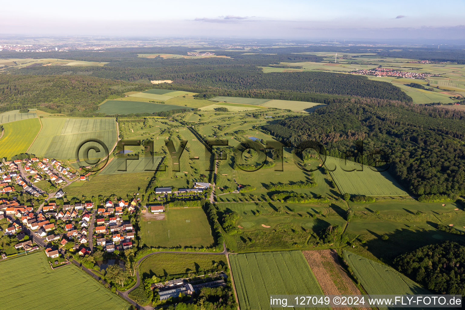 Aerial photograpy of Grounds of the Golf course at of Golfclubs Schweinfurt e.V. in the district Loeffelsterz in Schonungen in the state Bavaria, Germany