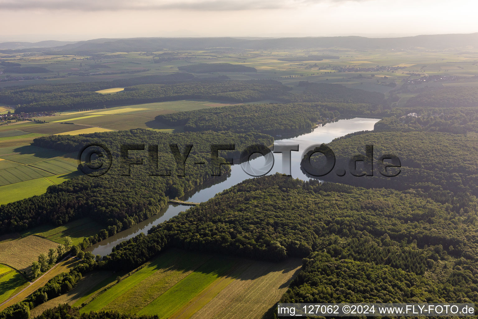 Bird's eye view of Ellertshäuser See in the district Altenmünster in Stadtlauringen in the state Bavaria, Germany