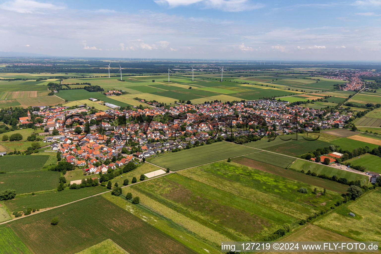 Village view on the edge of agricultural fields and land in Minfeld in the state Rhineland-Palatinate, Germany