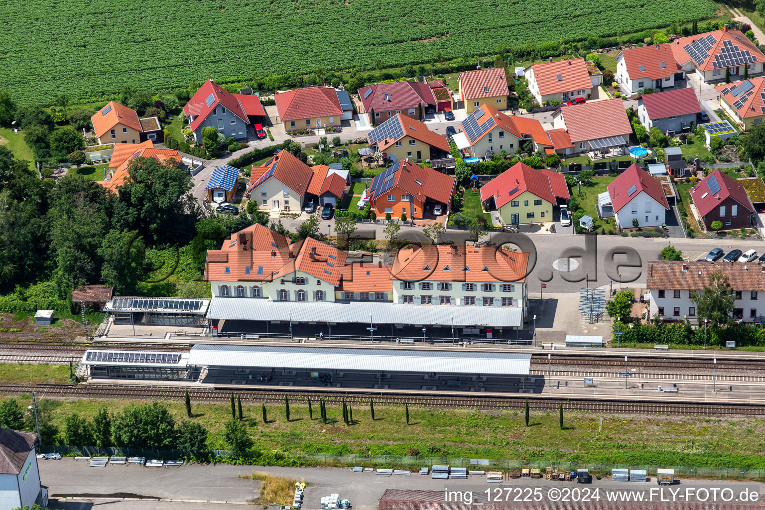 Railroad station in Winden in the state Rhineland-Palatinate, Germany from above