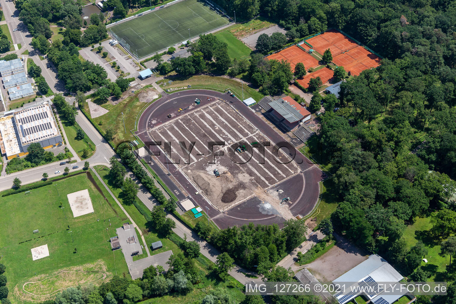 Aerial view of Bienwaldstadion, new pitch in Kandel in the state Rhineland-Palatinate, Germany