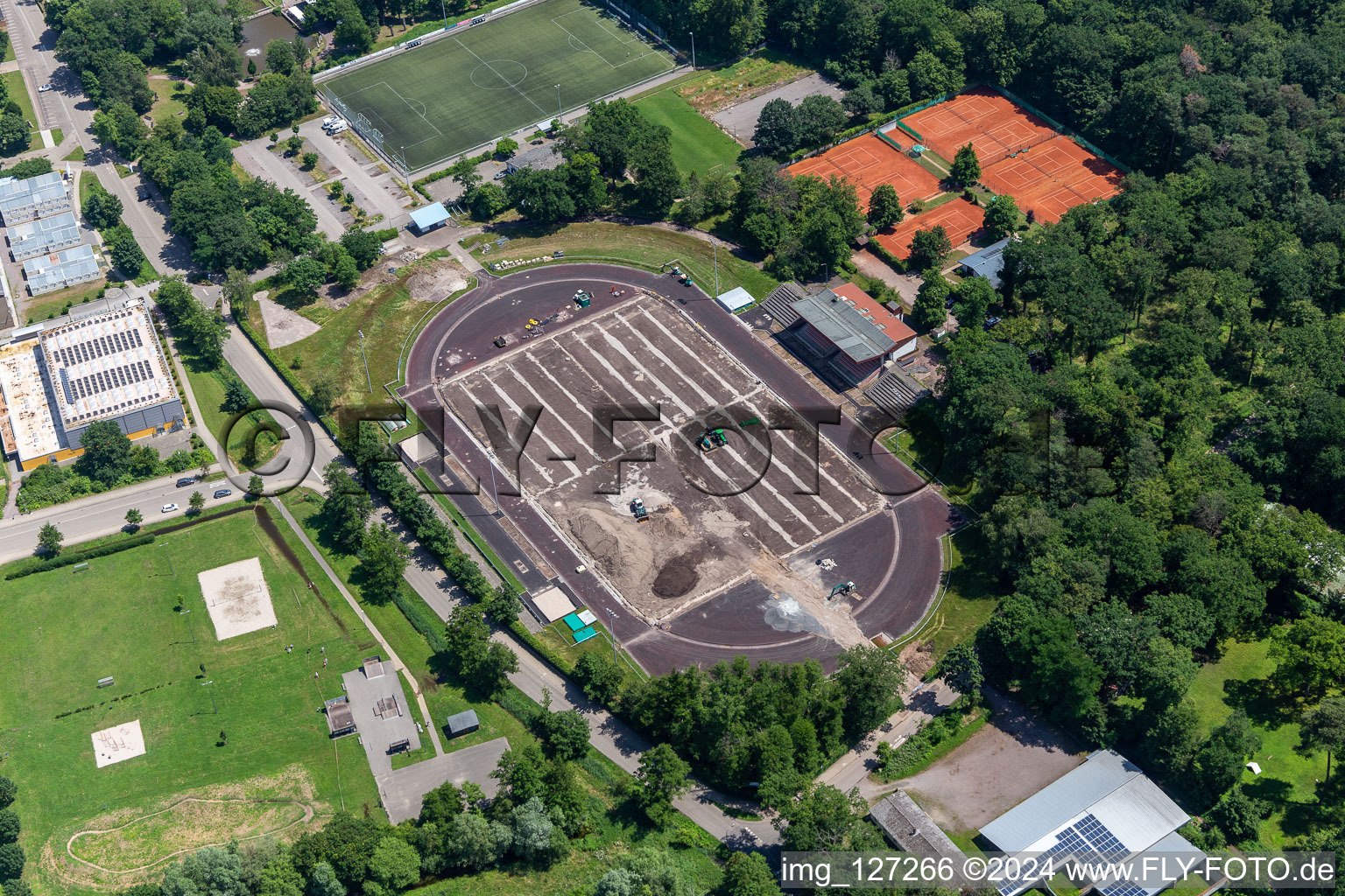 Aerial view of Bienwaldstadion, new lawn in Kandel in the state Rhineland-Palatinate, Germany