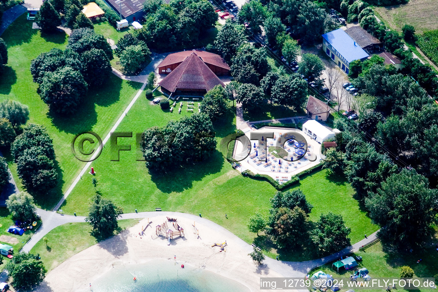 Aerial view of Camping with caravans and tents in the district Oberhausen in Oberhausen-Rheinhausen in the state Baden-Wurttemberg, Germany