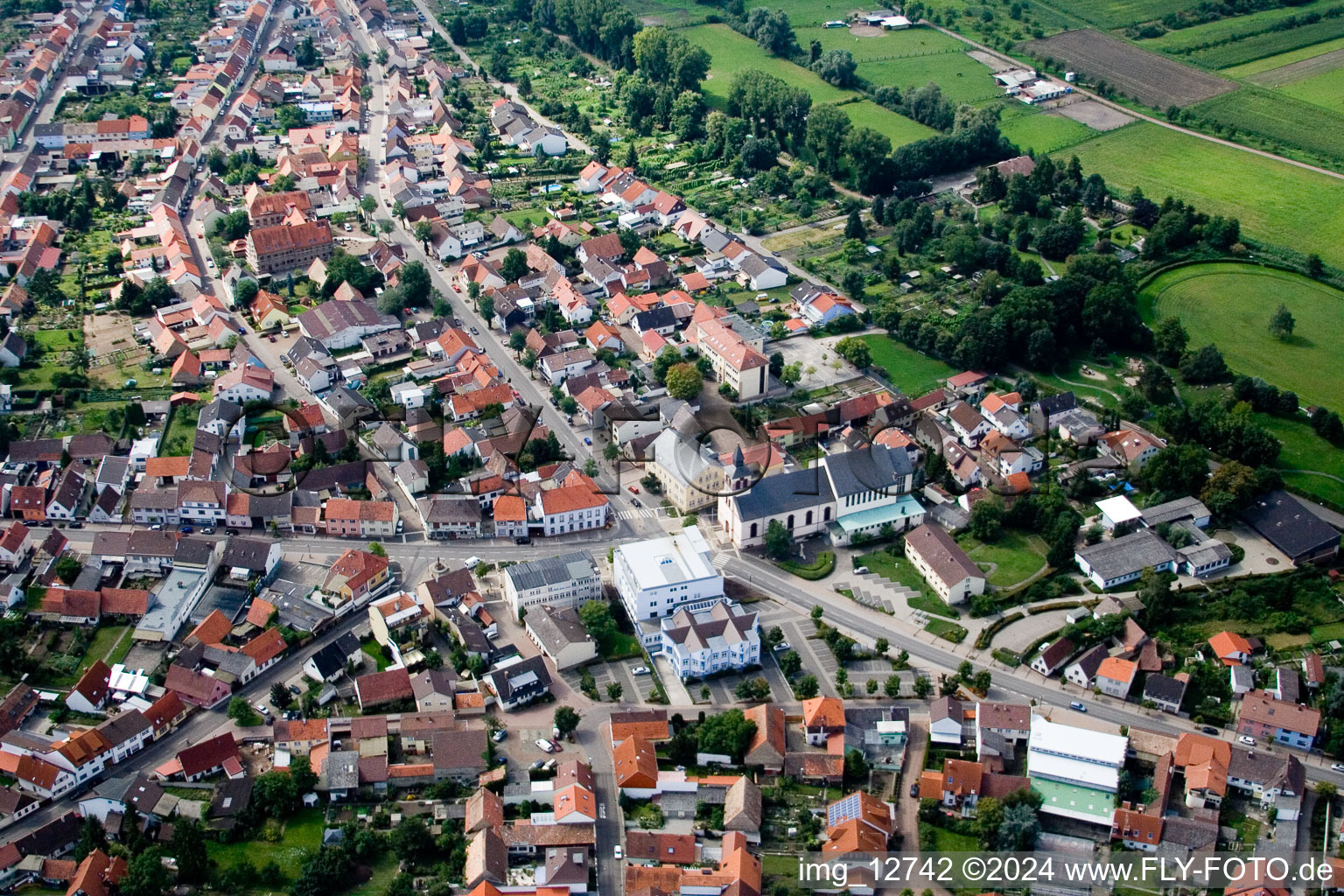 Aerial view of Church building in of katholischen Kirche Old Town- center of downtown in the district Oberhausen in Oberhausen-Rheinhausen in the state Baden-Wurttemberg, Germany