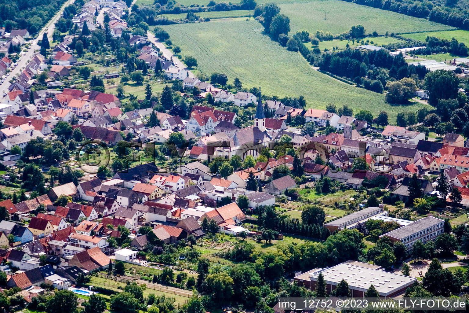 District Huttenheim in Philippsburg in the state Baden-Wuerttemberg, Germany viewn from the air