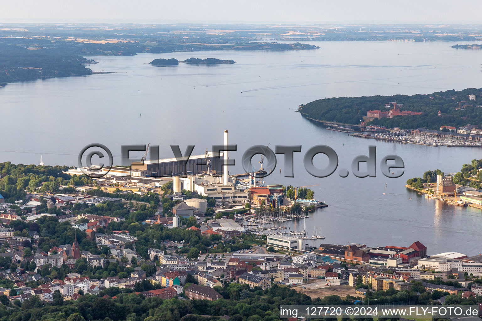 Fjord with Flensburg shipbuilding, municipal utilities Flensburg in Flensburg in the state Schleswig Holstein, Germany