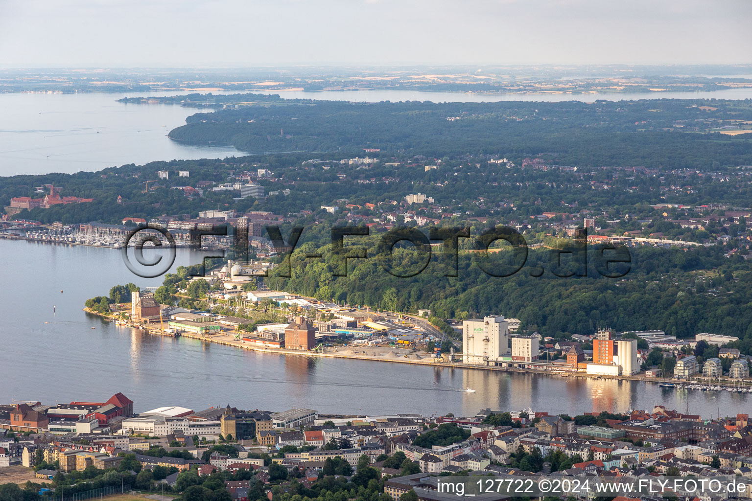 Aerial view of Flensburg Harbour, Harniskai in the district Kielseng in Flensburg in the state Schleswig Holstein, Germany